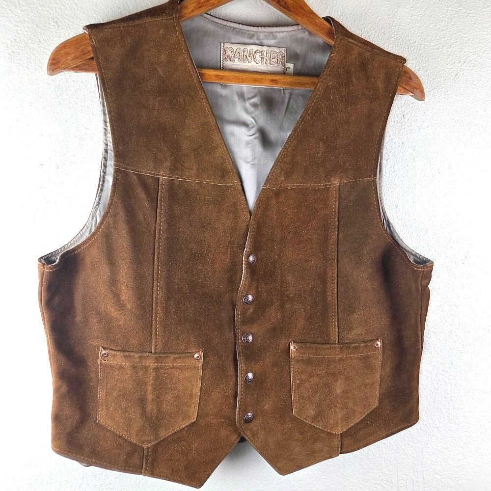 Rancher By Schott Vintage Brown Leather Suede Western Snap Men Vest Size Large - Picture 10 of 16